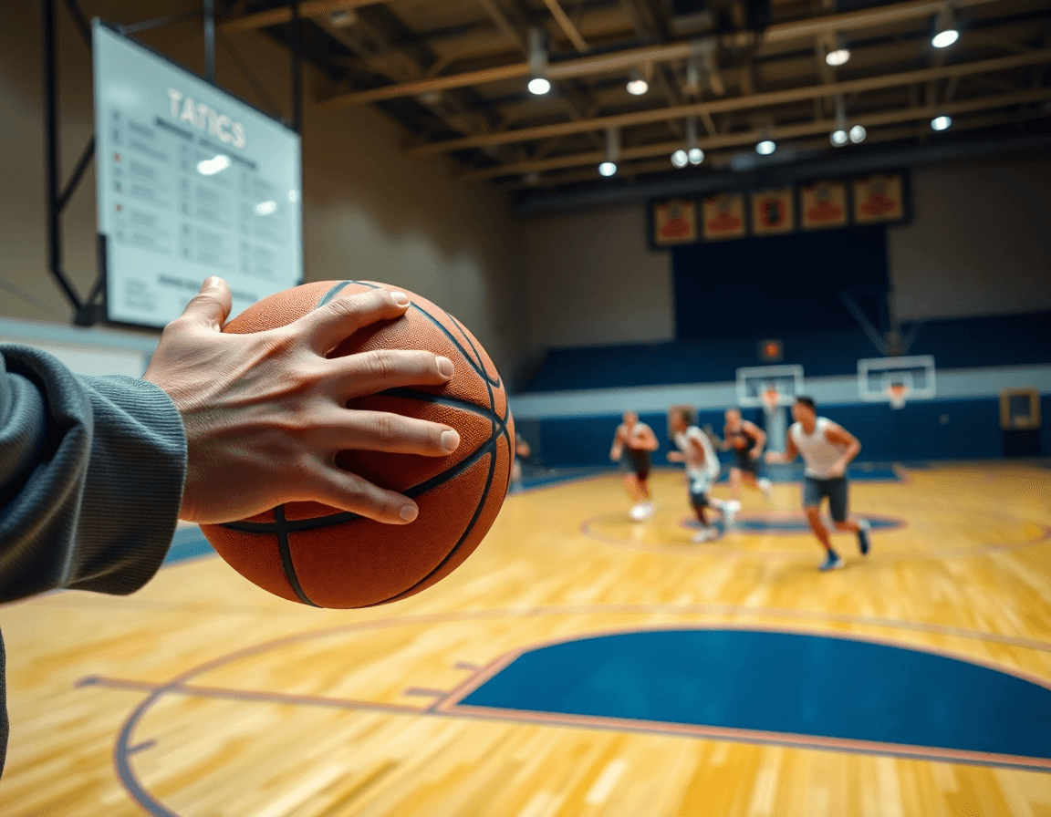 Najbolji kosarkaski trener evrope nadgleda driblanje basketball loptom dok tim u dvorani vežba preciznost.
