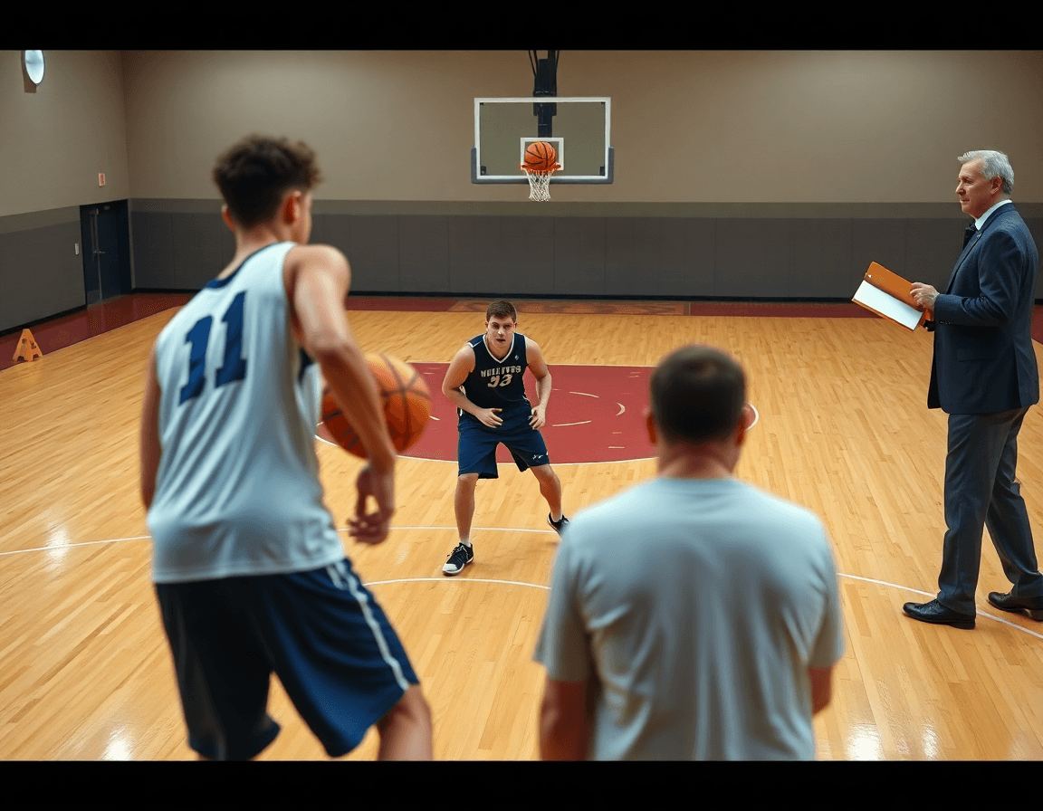 Blizak snimak pick and roll kosarka drill kod vrha ključnog luka na drvenom terenu, igrači i trener.