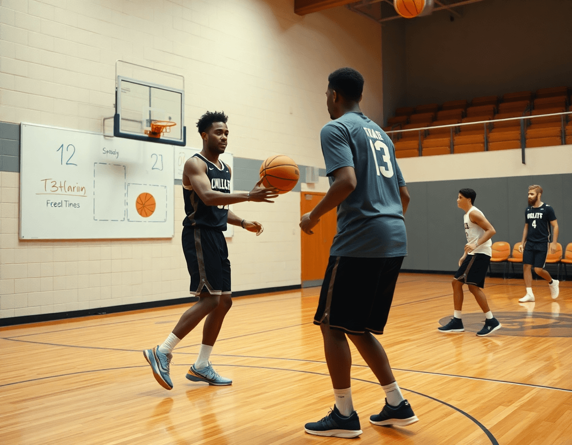 Strednji snimak pick and roll kosarka na terenu, trener pokazuje razmještaj na tabli dok igrači drže orange basketball.