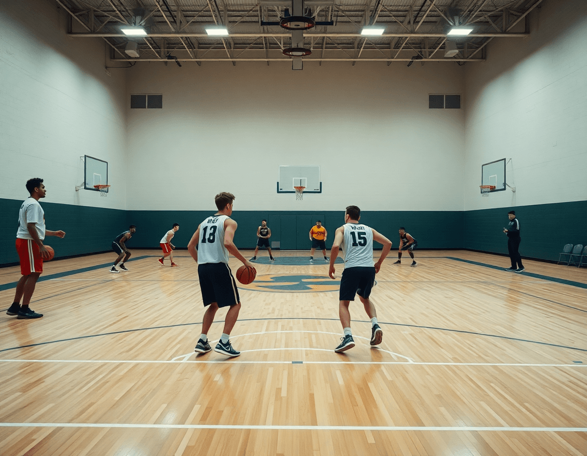 Širok kadar pick and roll kosarka na punom terenu; trener sa tablom pokazuje ritam igračima.