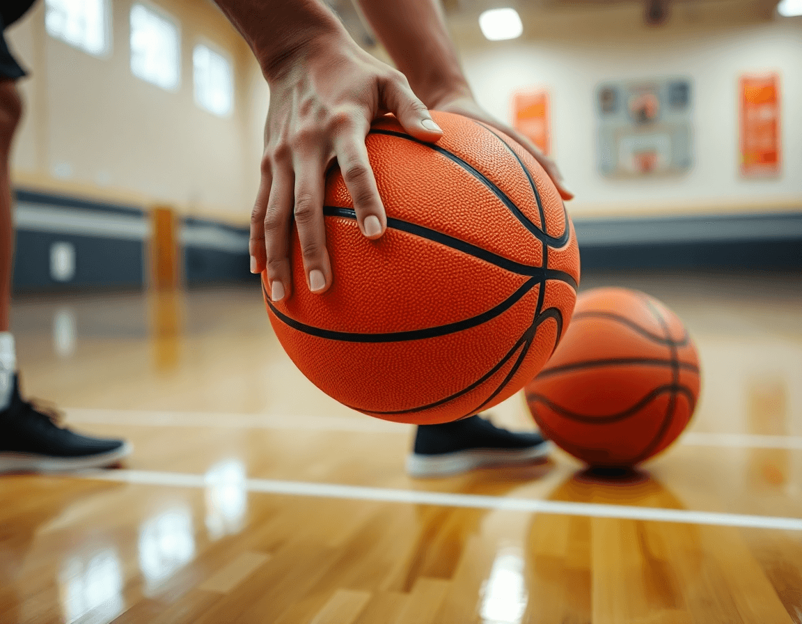 Prvi plan ruke drzi orange basketball tokom drill; kosarkaska liga srednjih skola zadar u pozadini.