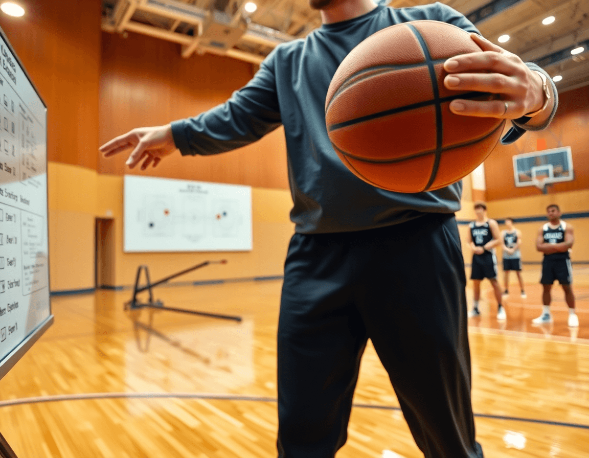 Bliski kadar: ruke trenera drže basketball dok pokazuje vežbu na tabli dok deca vežbaju; skola kosarke za decu beograd.