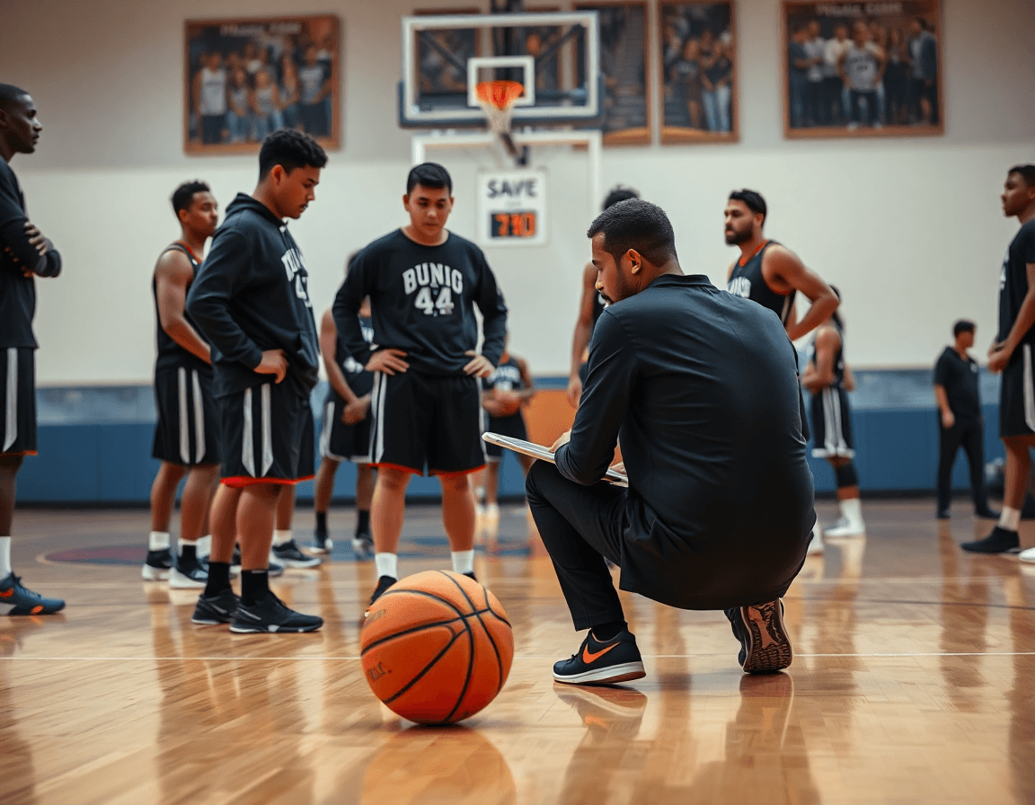 Video klip na laptopu: trener gleda basketball dok igrači prate; skola kosarke za decu beograd.