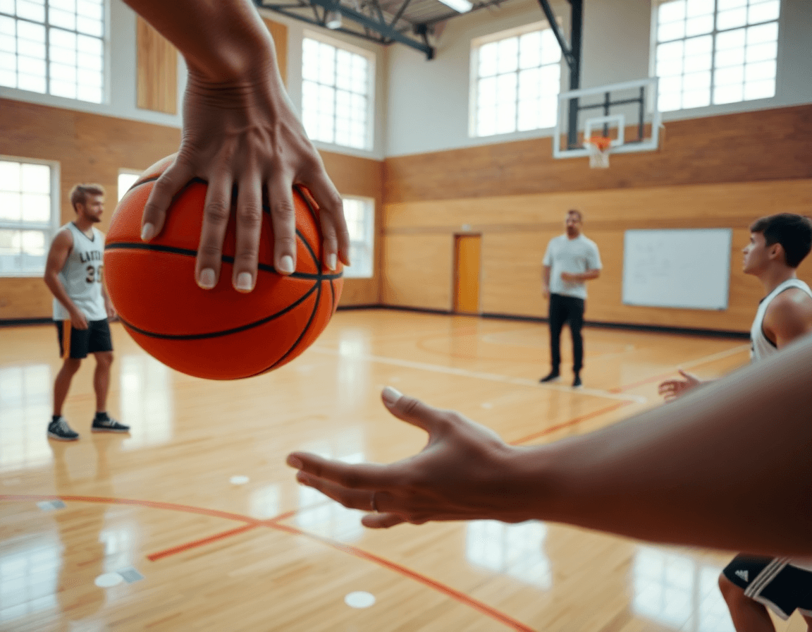 Detajl iz blizine: ruka drži orange basketball dok tim vežba na dvoranskom košarkaškom terenu, skola kosarke vracar.