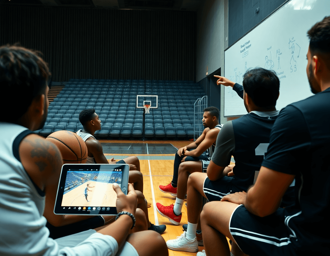 Video analiza na tabletu dok igrači sede na klupi i gledaju basketball klip; trener pokazuje basketball potez na tabli.