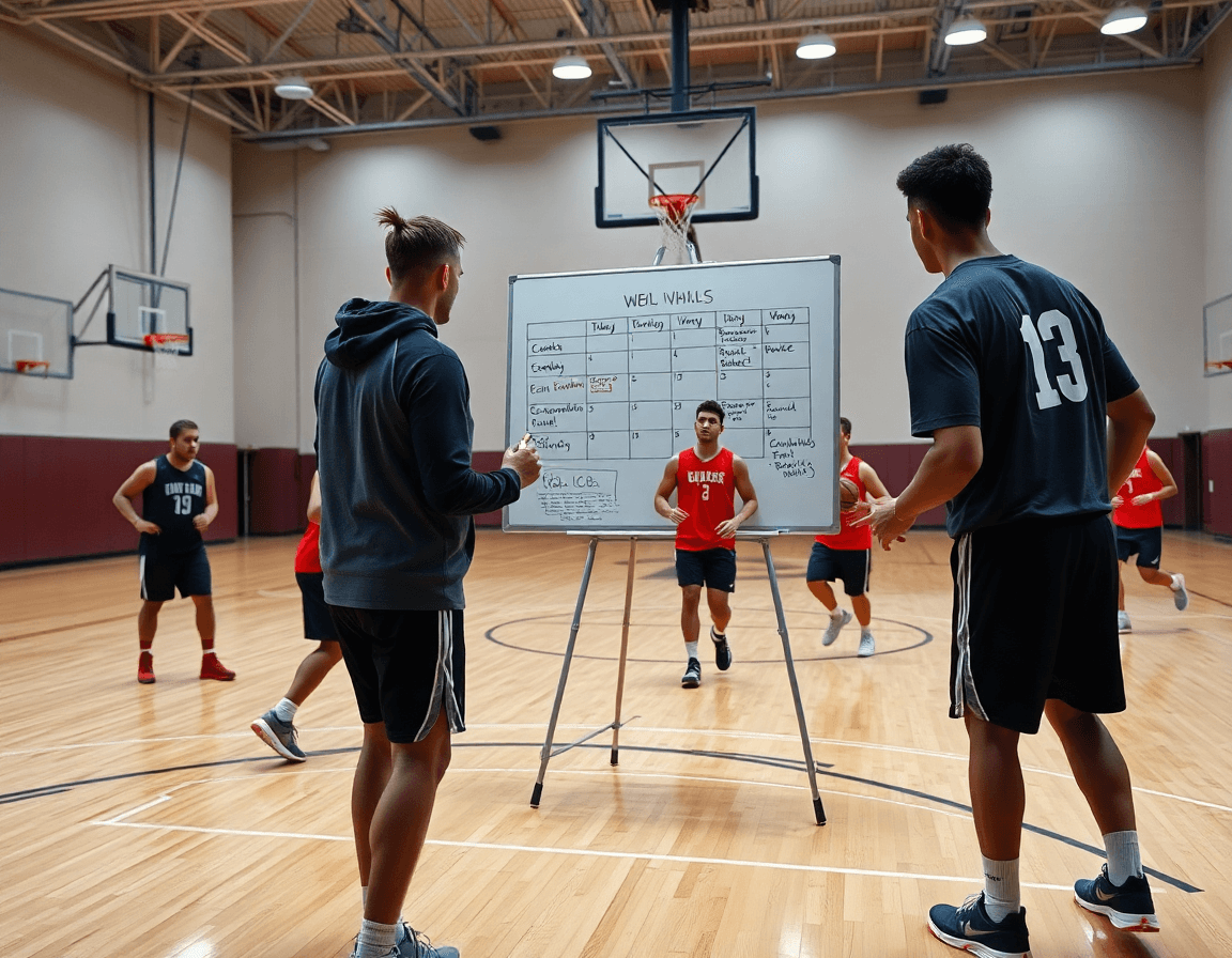 Trener crta nedeljni basketball plan na tabli dok igrači vežbaju na punom terenu uz jarko svetlo.