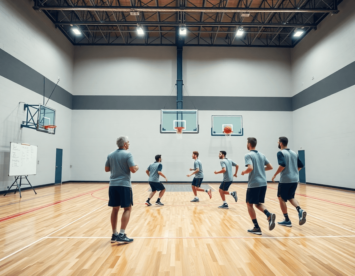 Detajl iz blizine: ruka drži orange basketball dok tim vežba na dvoranskom košarkaškom terenu, skola kosarke vracar.