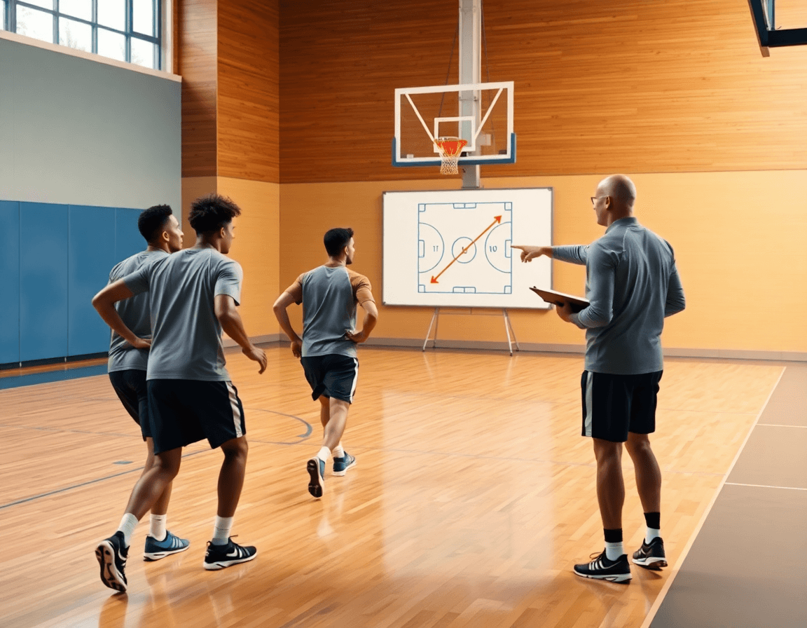 Tri igrača u plain trening opremi izvode basketball drill pored sidline, skola kosarke za decu zemun.