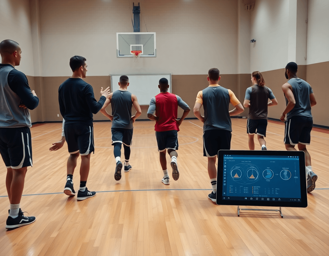 Trener pokazuje statistiku kosarka na tabletu tokom vežbanja, dok tim radi na igri.