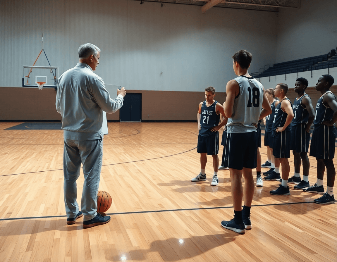 Trener stoji pored tabli i crta basketball tranziciju dok igrači posmatraju na terenu.