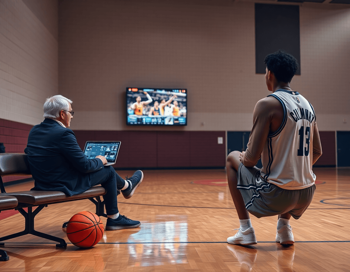 Trener bira basketball klipove na monitoru dok igrač pažljivo gleda sa klupe.