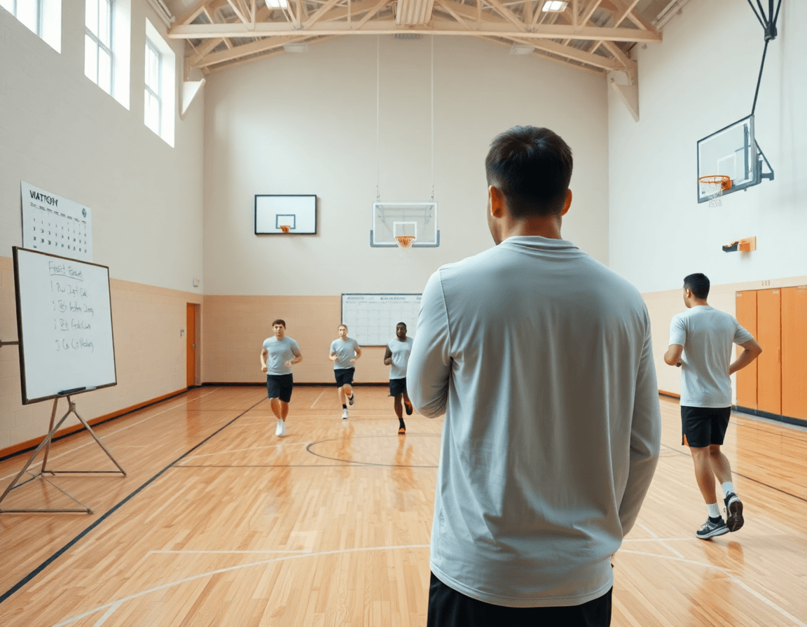 Široka scena u dvorani za basketball; trener pored tabli objašnjava t napad kosarka dok igrači vežbaju tranziciju.