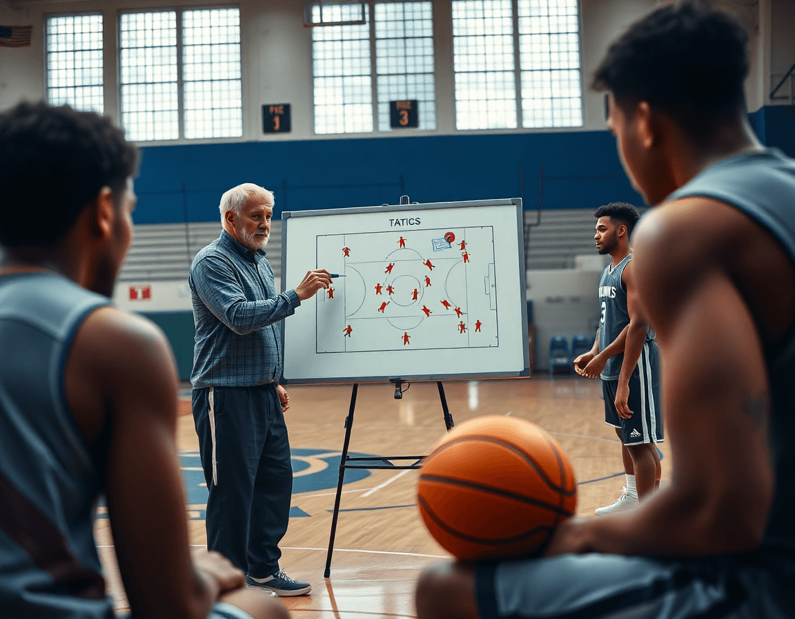 Trener bih kosarka pokazuje basketball play na tabli dok igrači posmatraju na parketu.