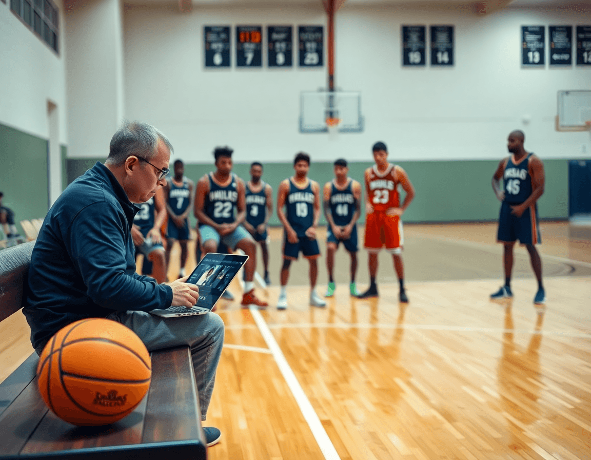 Trener bih kosarka pregleda basketball video isečke na laptopu dok igrači gledaju.