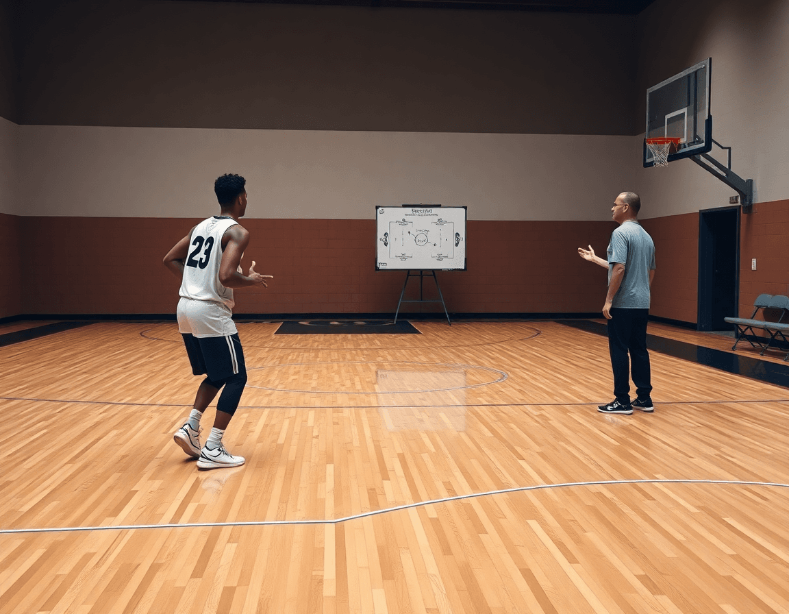 Trener kosarke Partizana nadgleda basketball vežbu uz belu tablu dok igrači vežbaju.