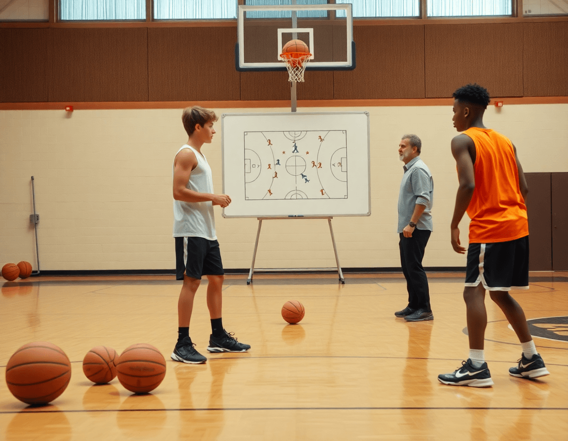 Na terenu dva mlada igrača rade tehnički trening dok trener pokazuje na taktičku tablu i definiše basketball akciju.