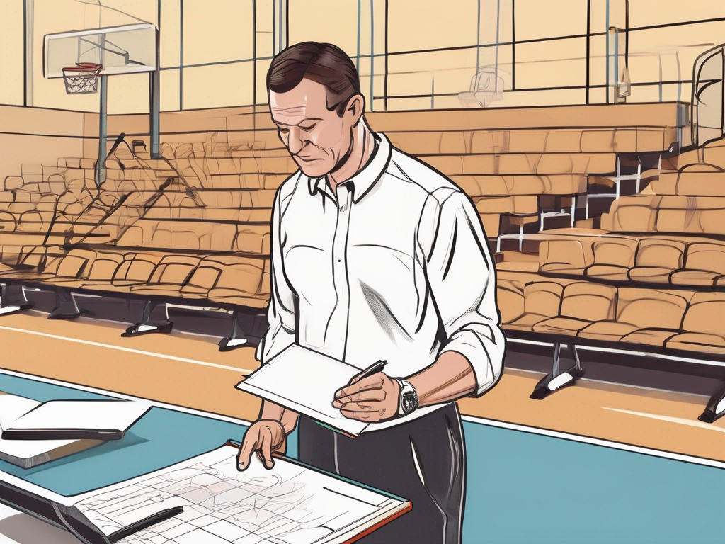 Editorial illustration of basketball coach tools workflow with clipboard and whiteboard in gym
