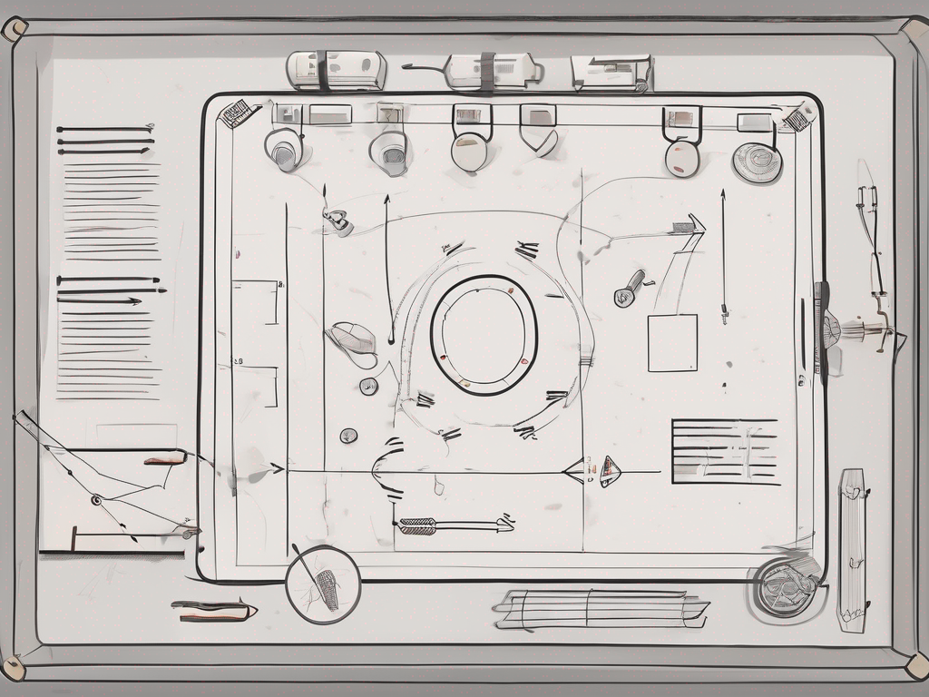 Editorial illustration of basketball coach tools on a tactical whiteboard with simple plays