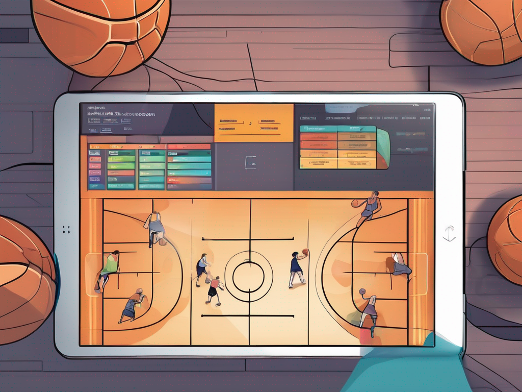 Editorial illustration of basketball coaching app used for scouting, showing tablet with abstract charts and opponent prep visuals
