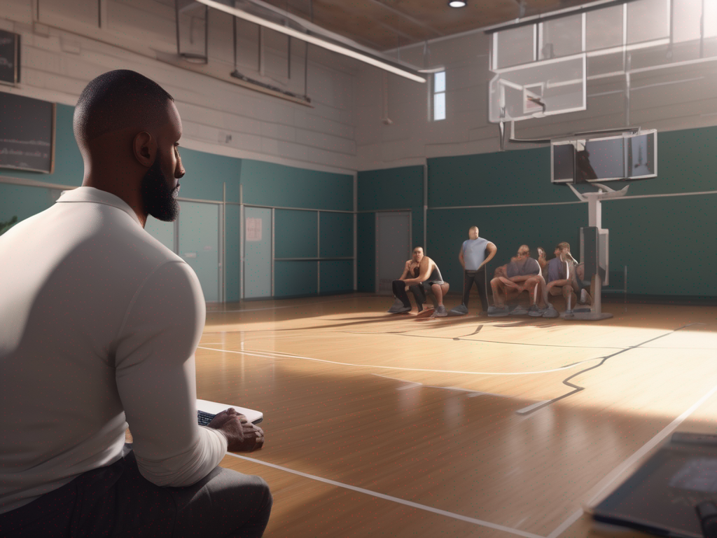 Photorealistic wide view of basketball coaching software planning in a gym, coach seen from behind.