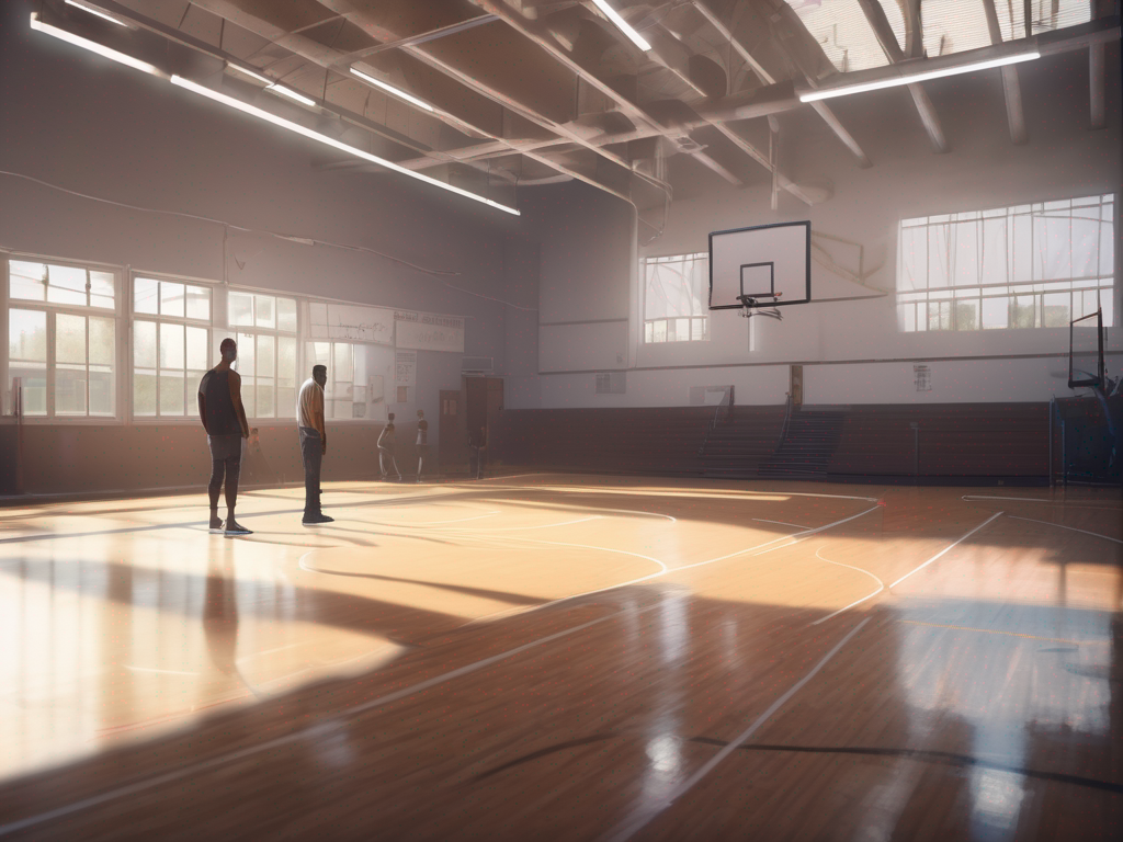 Photorealistic gym coaching scene illustrating a basketball diagram app without identifiable faces.