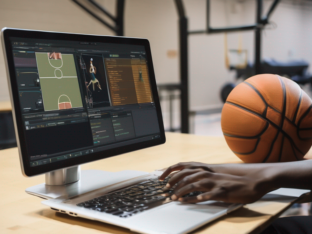 Editorial shot of scouting data on laptop and monitor with basketball drills software