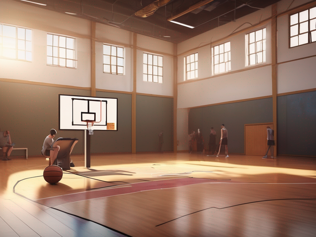 Wide gym planning scene showing basketball drills software used by a coach from behind, no faces
