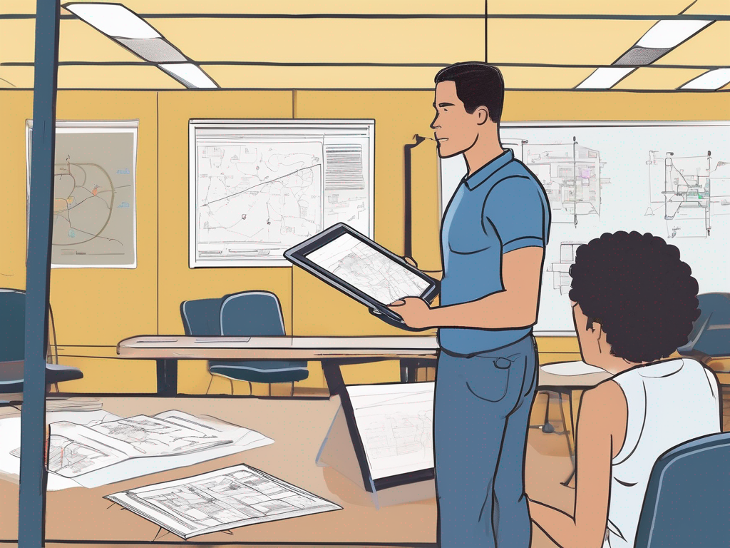 Editorial illustration of a coach at whiteboard outlining plays and planning workflow for best basketball coaching apps 2026.