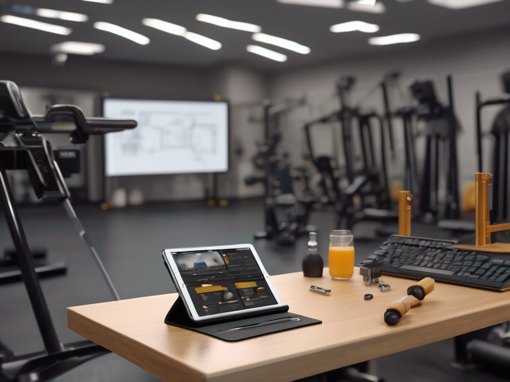 Photorealistic supporting shot of video review workflow with tablet displaying clips and clipboard in gym.